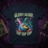 Glerp! Glorp. Zep Zep Zep text above an alien bursting from Earth, with a UFO and planets in a retro