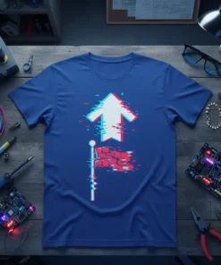 Glitch Arrow Flag T-Shirt design with white arrow and red flag showing digital distortion effect