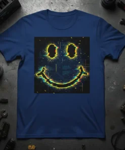 Glitch Smiley Face T-Shirt with neon yellow outline and circuit board background detail