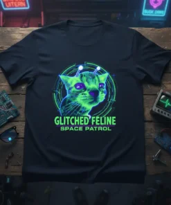 Glitched Feline Space Patrol text with a neon green cybernetic cat graphic on a navy t-shirt