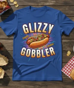 Glizzy Gobbler Chomp Crunch hot dog design on a blue t-shirt with colorful text and graphics