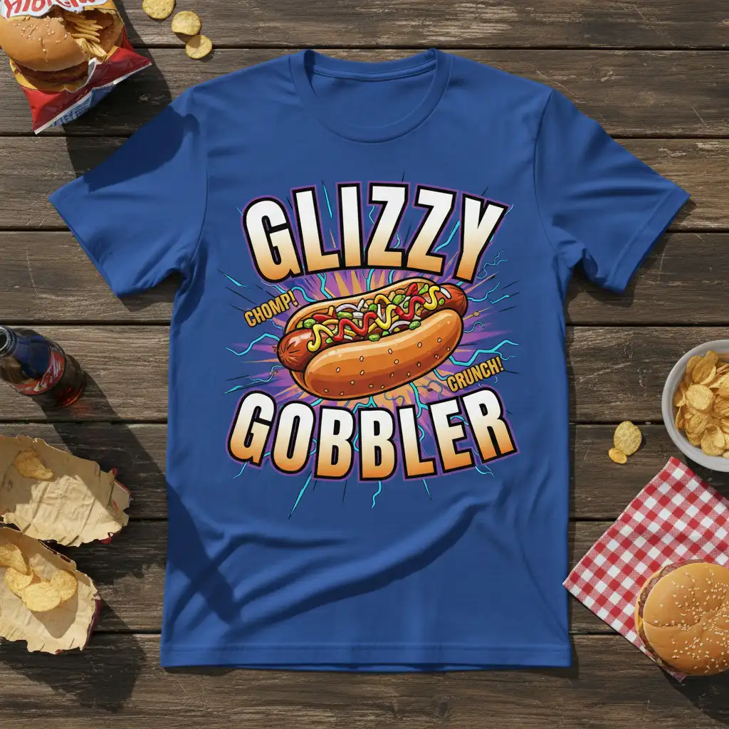 Glizzy Gobbler Chomp Crunch hot dog graphic with energetic text design on a bright blue tee