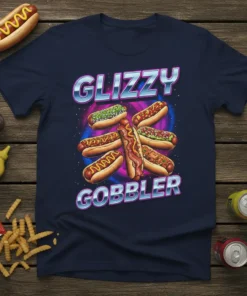 Glizzy Gobbler t-shirt design featuring multiple hot dogs arranged in a circular pattern, with bold text above and below
