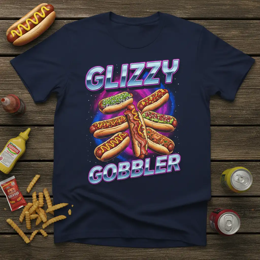 Glizzy Gobbler text design with a colorful arrangement of hot dogs, perfect for foodies and hot dog enthusiasts