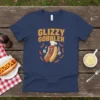 Glizzy Gobbler funny hot dog graphic t-shirt design with anthropomorphic hot dog character holding cutlery