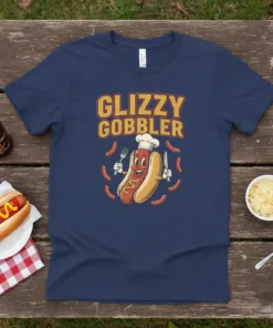 Glizzy Gobbler funny hot dog graphic t-shirt design with anthropomorphic hot dog character holding cutlery