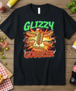 Glizzy Gobbler t-shirt design featuring cartoon hot dogs with fun text and vibrant explosion graphics