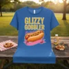 Blue t-shirt with "Glizzy Gobbler" text and a cartoon hot dog graphic