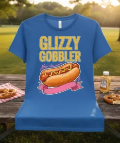 Blue t-shirt with "Glizzy Gobbler" text and a cartoon hot dog graphic