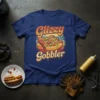 Glizzy Gobbler text with hot dog graphic on navy blue t-shirt