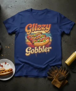 Glizzy Gobbler text with hot dog graphic on navy blue t-shirt