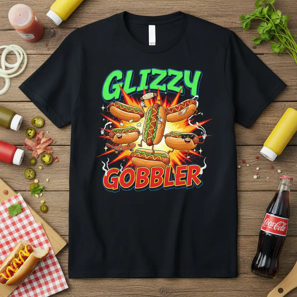 Glizzy Gobbler text and cartoon hot dog characters on a black t-shirt design