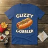 Glizzy Gobbler text with a detailed illustration of a fully loaded hot dog on a blue t-shirt