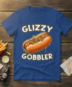 Glizzy Gobbler text with a detailed illustration of a fully loaded hot dog on a blue t-shirt