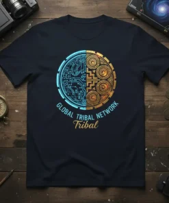 Global Tribal Network Tribal t-shirt design featuring a split circle with circuit board and tribal patterns, blue and gold colors