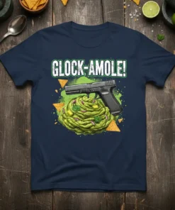 Glock-Amole! text with a pistol and guacamole graphic on a navy blue t-shirt