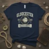 Gloucester Massachusetts 1642 ship design with compass rose and anchors, vintage distressed style, on navy t-shirt