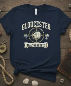 Gloucester Massachusetts 1642 ship design with compass rose and anchors, vintage distressed style, on navy t-shirt