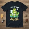 Gluten Got Me Tootin' funny frog t-shirt design featuring a frog on a toilet with gas clouds