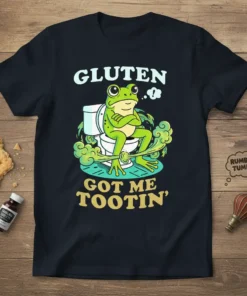 Gluten Got Me Tootin' funny frog t-shirt design featuring a frog on a toilet with gas clouds