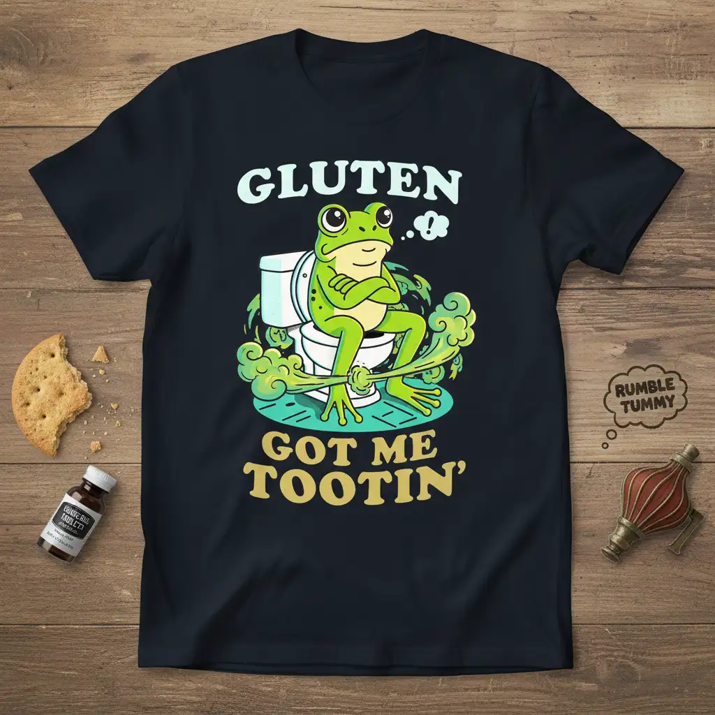 Funny Gluten Got Me Tootin' frog on toilet graphic with humorous text and gas cloud design