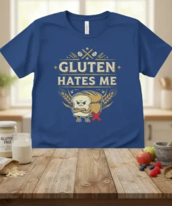 Gluten Hates Me text with angry bread graphic on a blue t-shirt, wheat stalks, and a red X