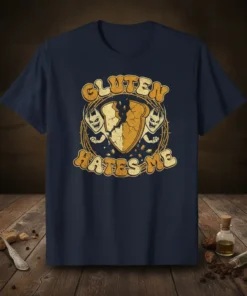Gluten Hates Me funny t-shirt with cracked bread and devilish characters