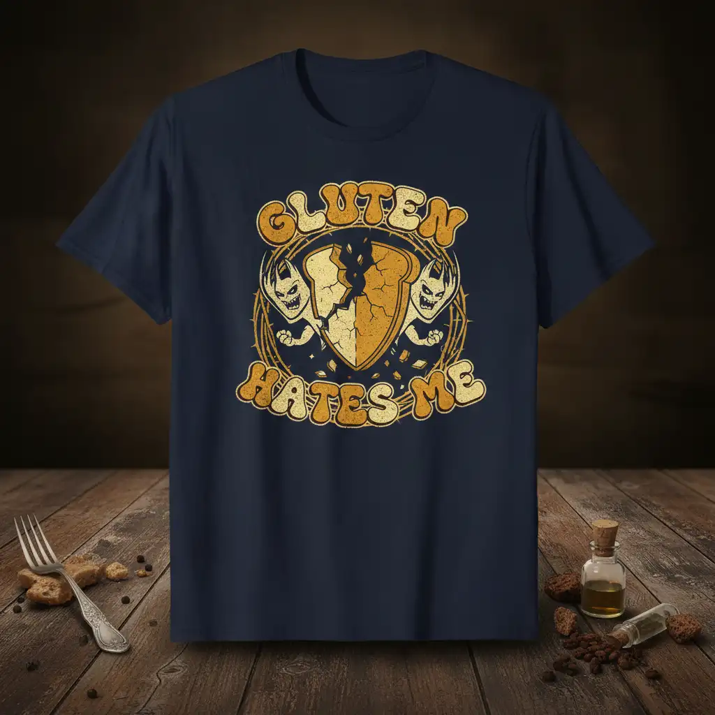 Gluten Hates Me text design with cracked bread and horned creatures graphic