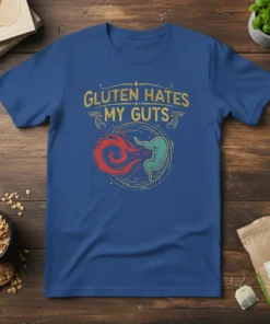 Gluten Hates My Guts t-shirt design with distressed text and a graphic of digestive system reacting to red swirl