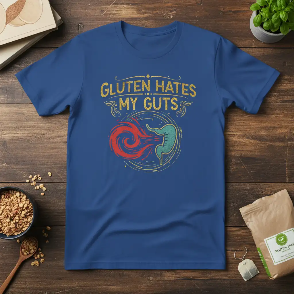 Gluten Hates My Guts quote on a blue t-shirt with a graphic of the digestive system's reaction to gluten