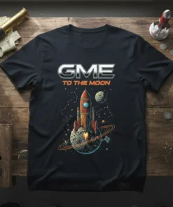 GME TO THE MOON t-shirt with a rocket, planet, and constellations graphic. White and orange text