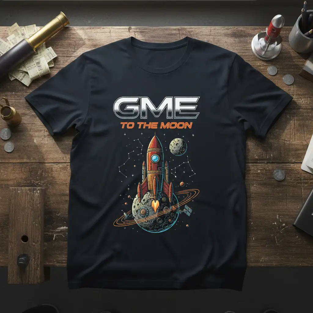 GME TO THE MOON graphic t-shirt design featuring a retro rocket, planet, and starry sky