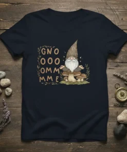 Gno Ooo Omm Me text with a meditating gnome on a mushroom, surrounded by plants, on a dark t-shirt