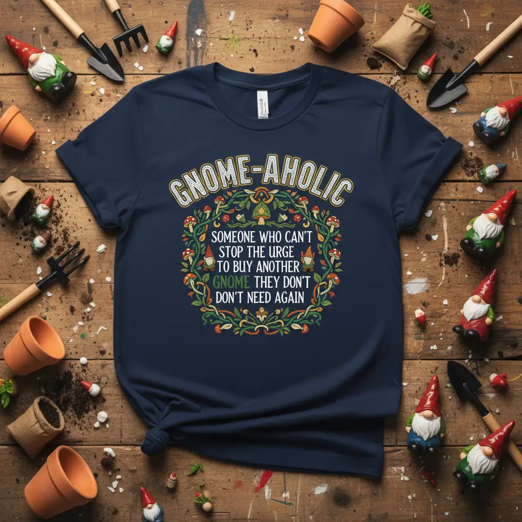 GNOME-AHOLIC SOMEONE WHO CAN'T quote printed with bold typography on comfortable cotton fabric t-shirt design