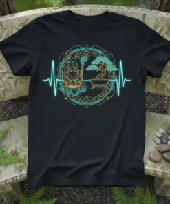 Gnome, bonsai tree, lotus flower, and heartbeat line graphic on a black t-shirt, Gnome Bonsai Heartbeat design