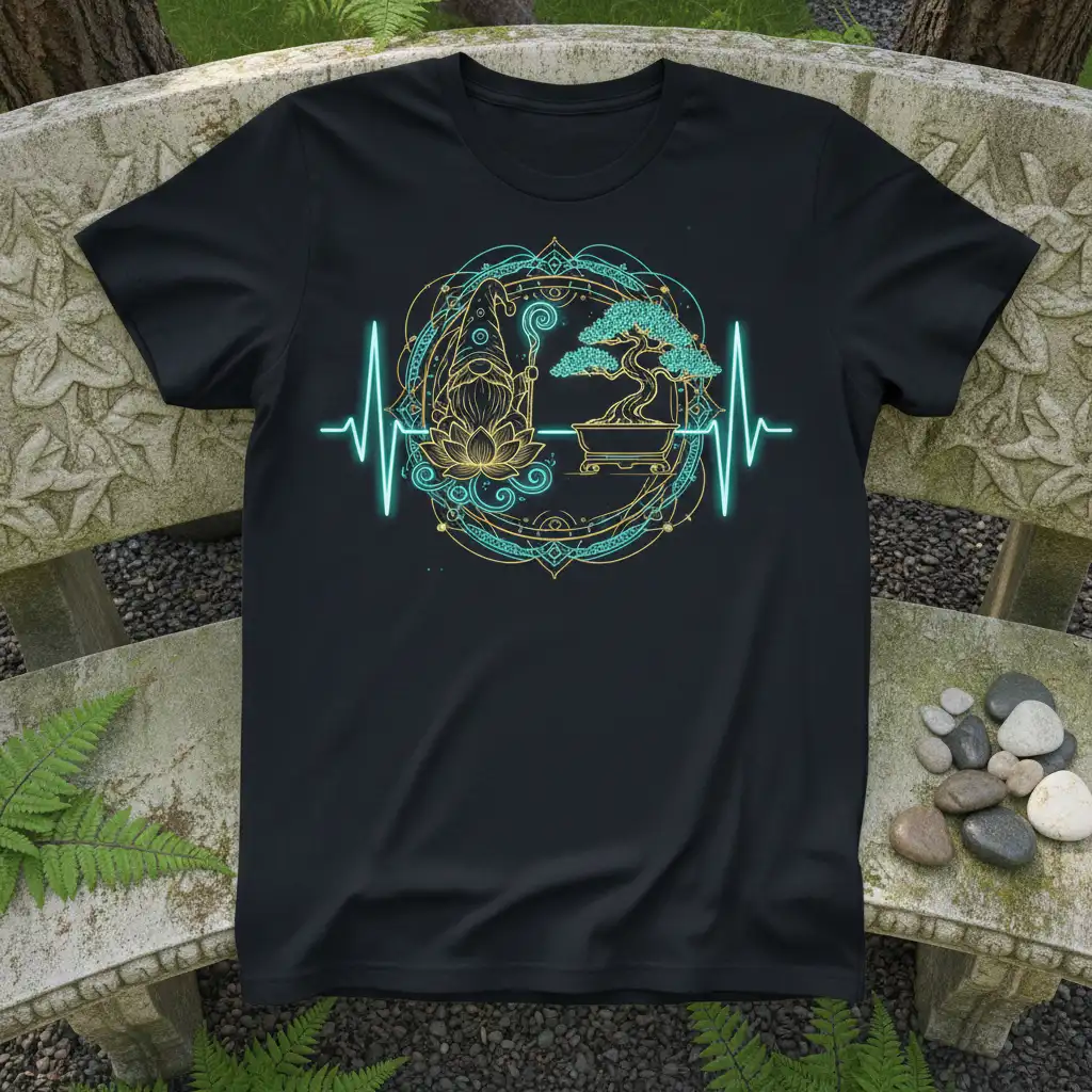 Gnome, bonsai tree, and heartbeat line graphic on a black t-shirt, Gnome Bonsai Heartbeat design