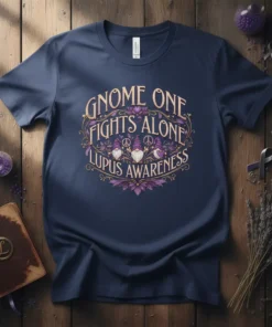 T-shirt with "Gnome One Fights Alone Lupus Awareness" text and gnome graphics, featuring purple ribbon and peace symbols