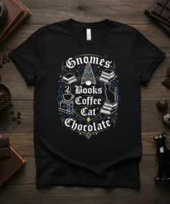 Gnomes Books Coffee Cat Chocolate text design with gnome, books, coffee cup, and cat graphics on a black t-shirt