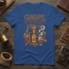 Gnope. Not Before Coffee quote with steampunk coffee maker graphic on a blue t-shirt