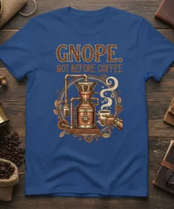 Gnope. Not Before Coffee quote with steampunk coffee maker graphic on a blue t-shirt