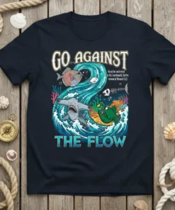 Christian t-shirt with "GO AGAINST THE FLOW" text and ocean wave graphic featuring fish and a hammerhead shark. Includes Romans