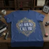 Go Ahead Call HR text design with lion graphics on a blue t-shirt, humorous office theme