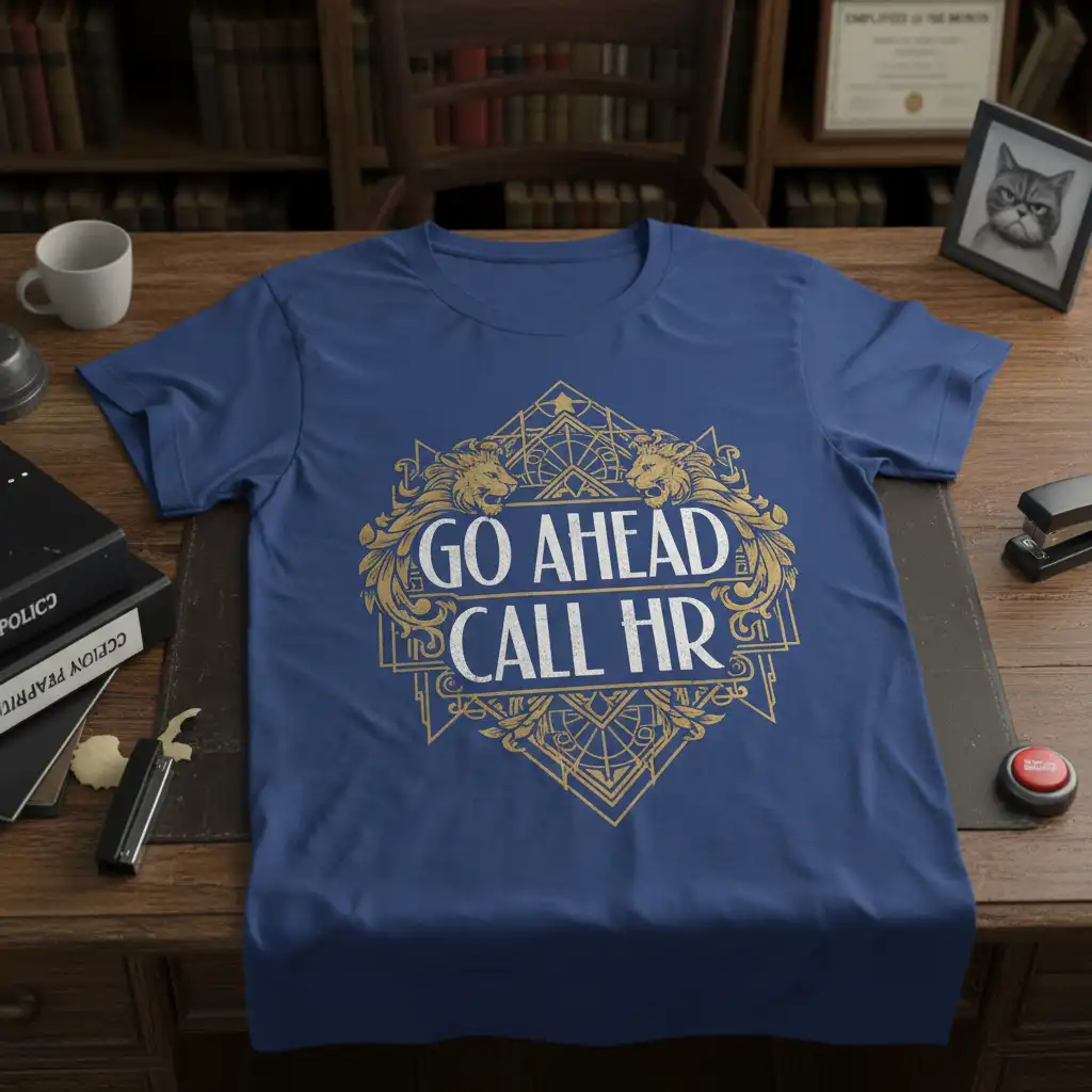 Go Ahead Call HR humorous quote with decorative lions on a blue t-shirt, office joke design