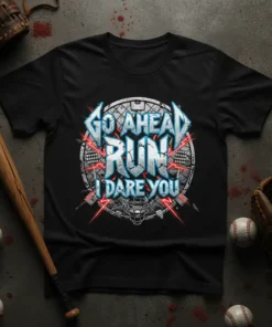 Go Ahead Run I Dare You baseball player t-shirt design with bold lettering and football helmet graphic