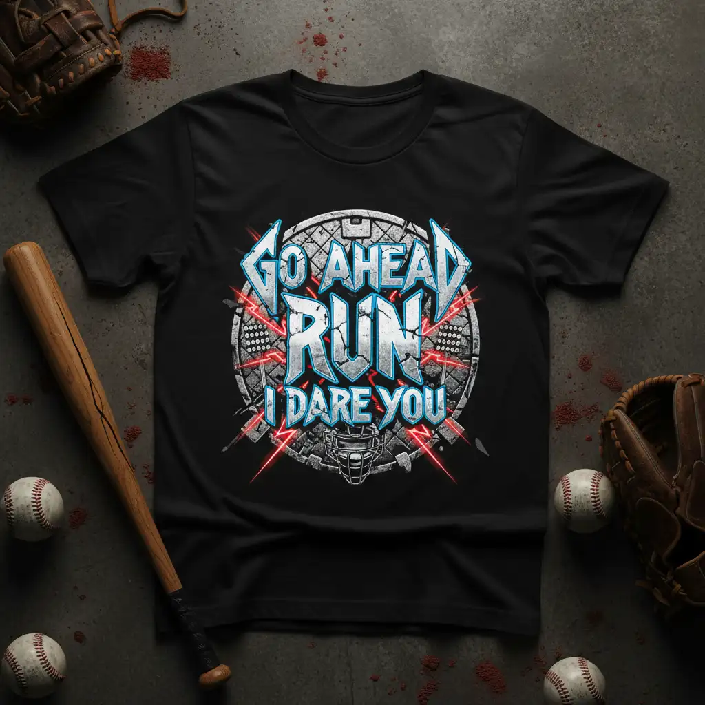 Go Ahead Run I Dare You bold sports quote t-shirt with energetic graphic elements