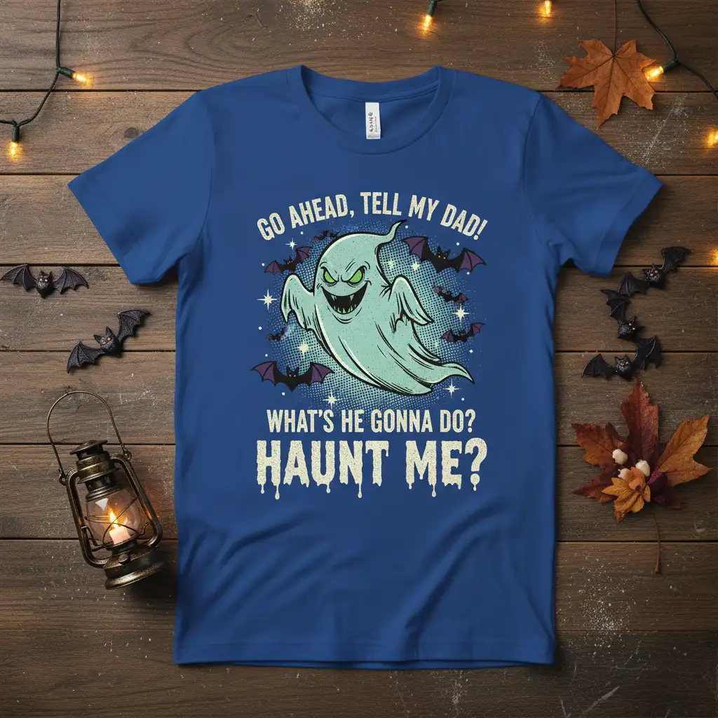 Go Ahead, Tell My Dad! What's He Gonna Do? Haunt Me? Halloween ghost quote t-shirt design
