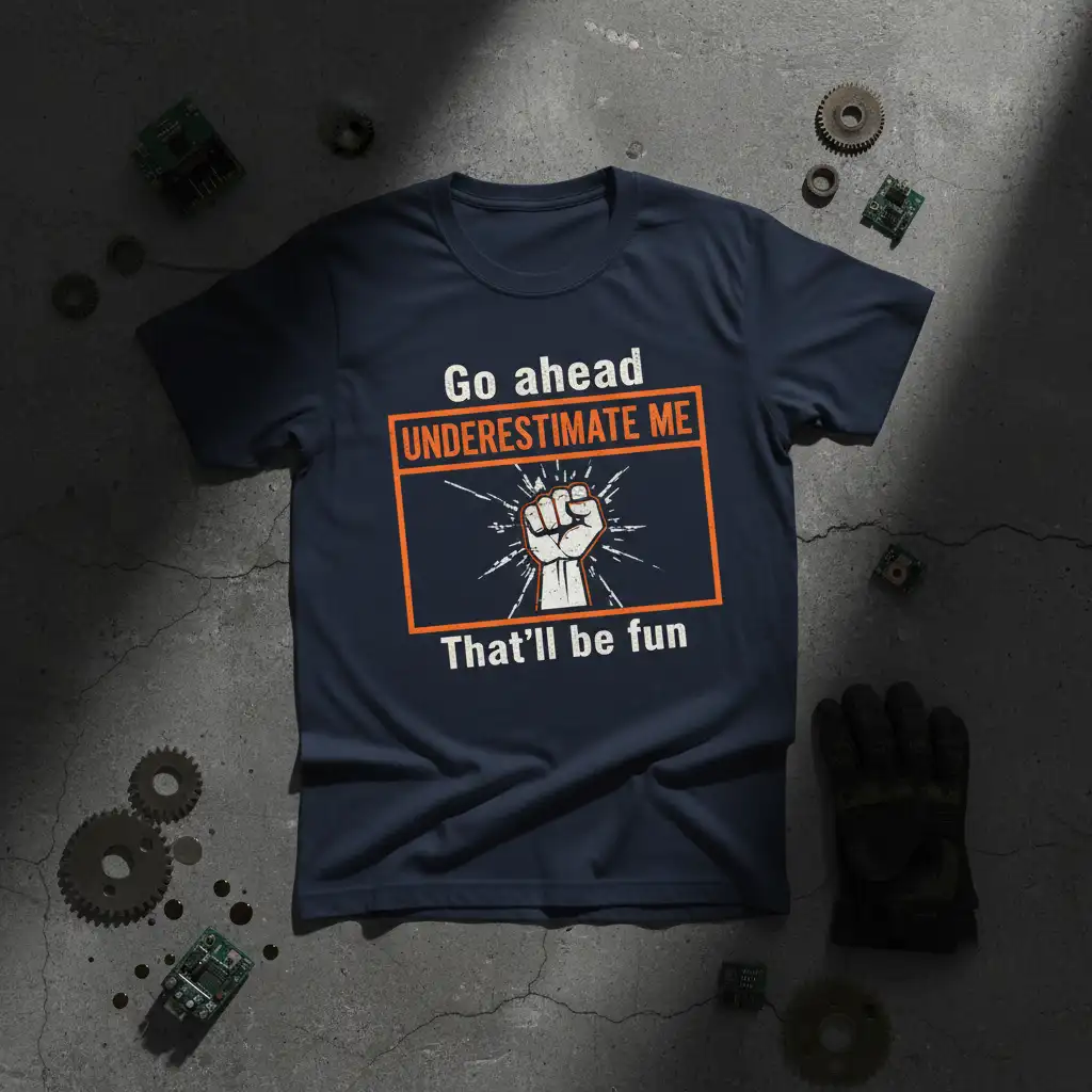 Go ahead UNDERESTIMATE ME That'll be fun quote t-shirt with clenched fist graphic and orange border
