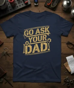 Navy t-shirt with "GO ASK YOUR DAD!" in distressed gold text, featuring wrench and gear graphics