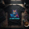 Go Away Human quote with a cool cat wearing glasses and coding on a laptop, graphic tee design