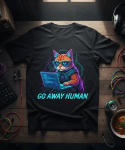Go Away Human quote with a cool cat wearing glasses and coding on a laptop, graphic tee design